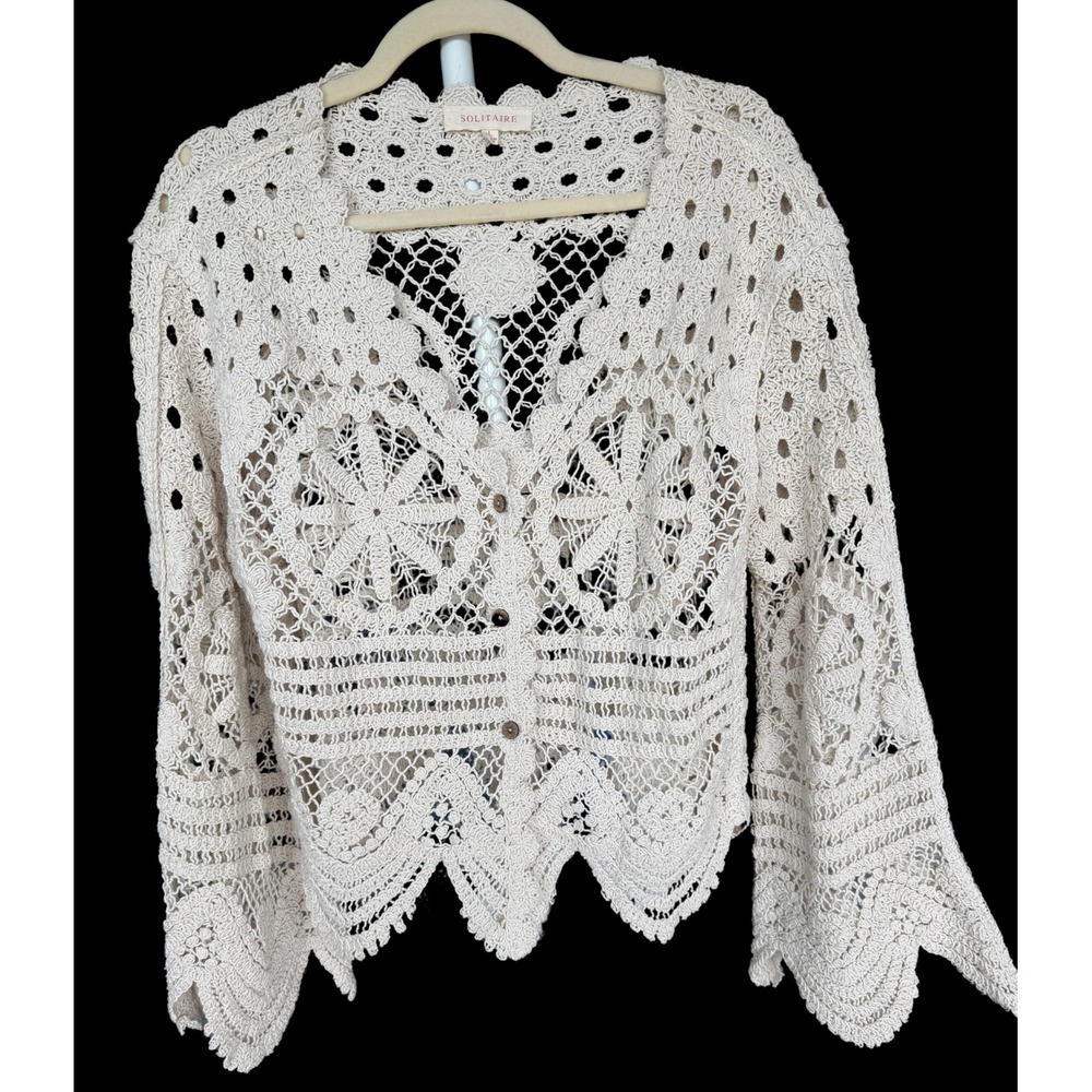 Anthropologie Womens Crochet Cottagecore Cardigan L Cream Romantic Layer